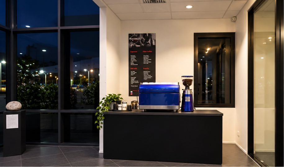 Blue and purple espresso machine and grinder on a black bench in a modern office