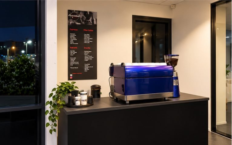 Blue espresso machine on a black counter in an office at night, with a plant beside it