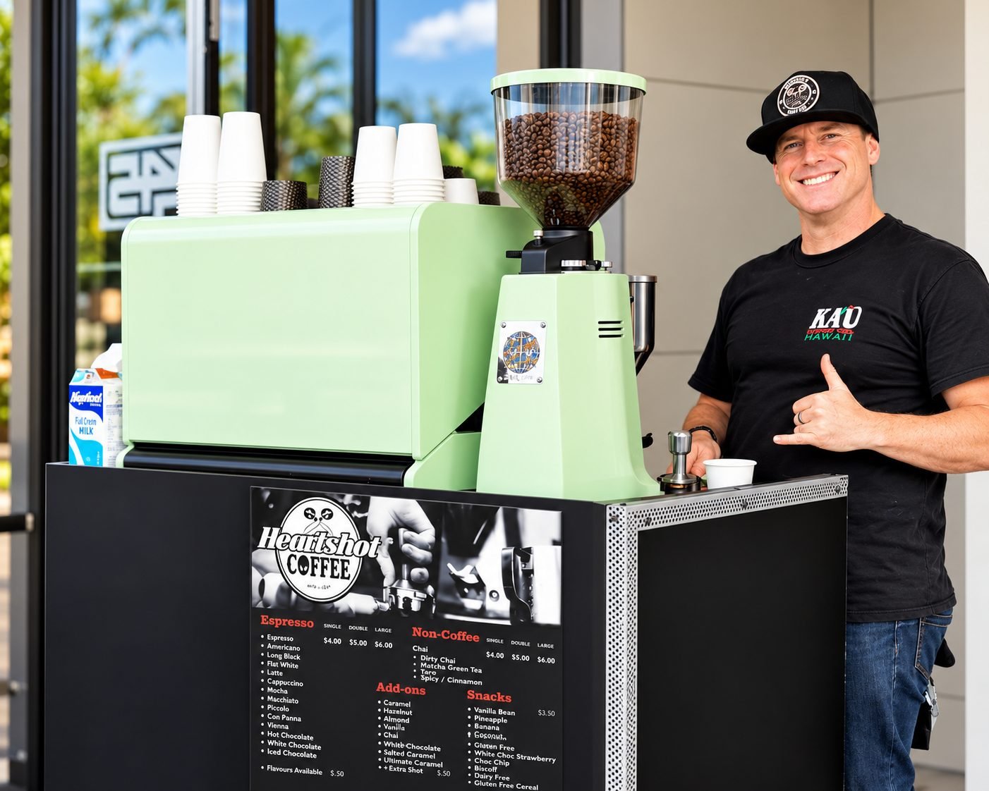 Light green espresso machine and grinder on a black cart with a smiling barista